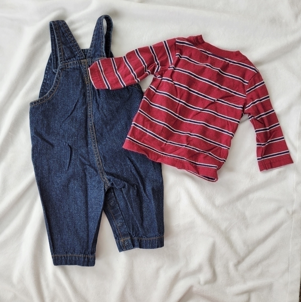 Just One You NWOT 2pc old truck Burgundy stripe long sleeve w/ jean overalls 3m - Picture 6 of 6